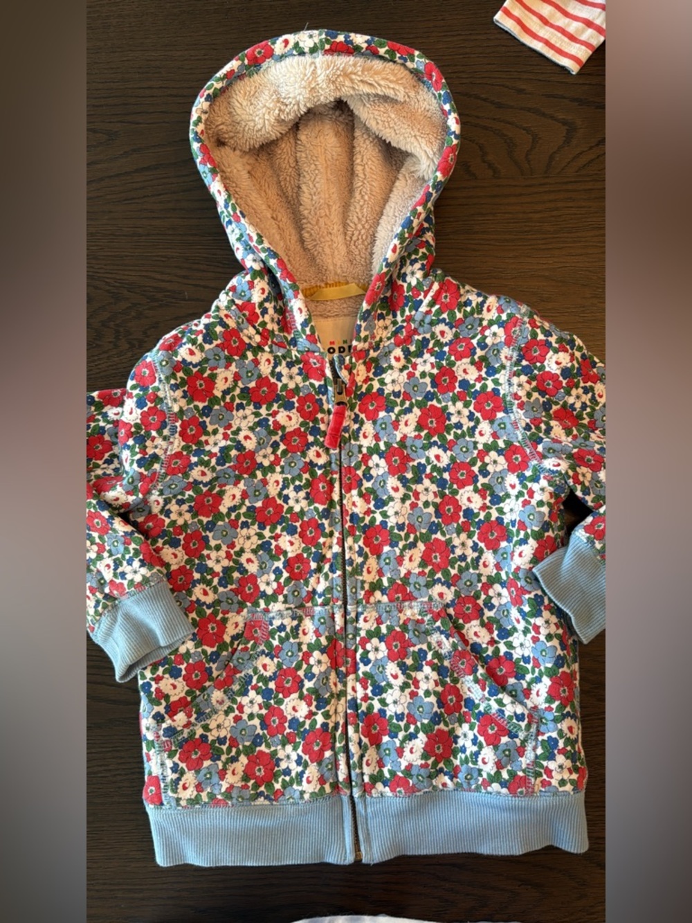 Mini Boden 5/6 Floral Hooded Sherpa Jacket in Cream